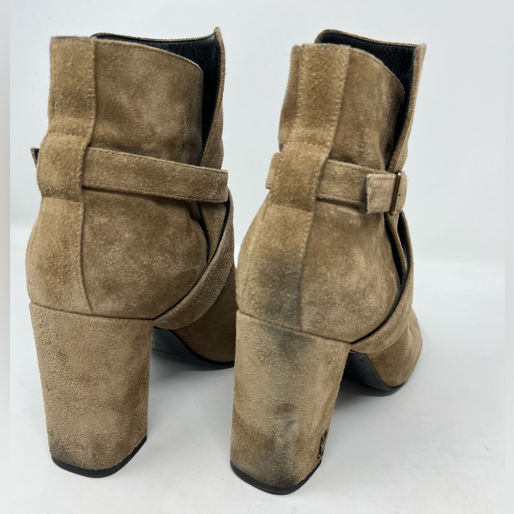 Saint Laurent Babies 90 Cross Ankle Boot Tan /Taupe Suede Block Heel YSL logo 37 - Picture 4 of 10